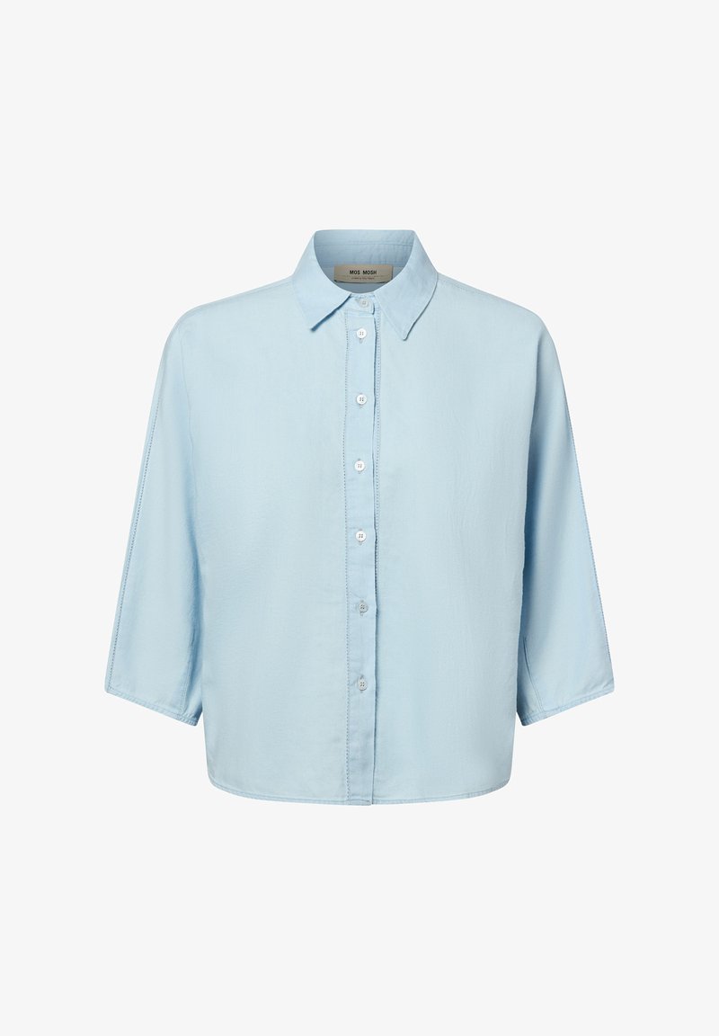 Helles blaues kurzärmliges Hemd mit Knöpfen aus glattem Stoff, ausgestattet mit einem Kragen und einem geraden Schnitt mit einem dezenten Glanz.