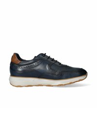 Sneaker in pelle blu navy con finitura liscia, dettagli perforati, accenti in pelle marrone sul tallone e suola in gomma bianca.