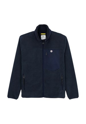 Veste en polaire bleu marine avec fermeture éclair intégrale, col montant, poche poitrine zippée et deux poches latérales zippées.