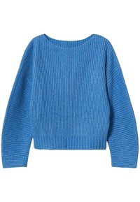 Blauer, gerippter Pullover mit langen Ärmeln und rundem Ausschnitt. Weicher Stoff und leicht verkürzter Schnitt, mit horizontalen Streifen.
