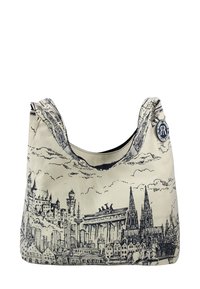 Sac fourre-tout en toile avec une illustration en noir et blanc d'une ligne d'horizon de ville, incluant des monuments notables ; forme ronde, texture douce et accent de marque.