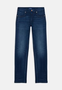 Donkerblauwe denim jeans met een rechte pasvorm, vijf zakken en contrasterende stiksels. Voorzien van een knoopsluiting en subtiele wassing.