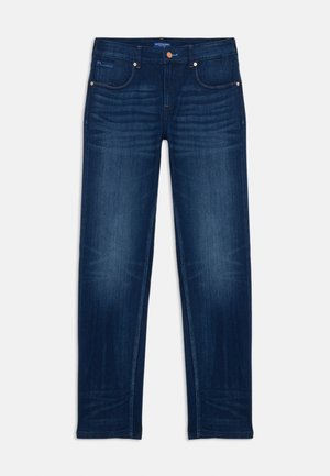 Donkerblauwe denim jeans met een rechte pasvorm, vijf zakken en contrasterende stiksels. Voorzien van een knoopsluiting en subtiele wassing.