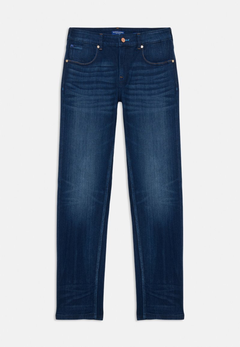 Donkerblauwe denim jeans met een rechte pasvorm, vijf zakken en contrasterende stiksels. Voorzien van een knoopsluiting en subtiele wassing.