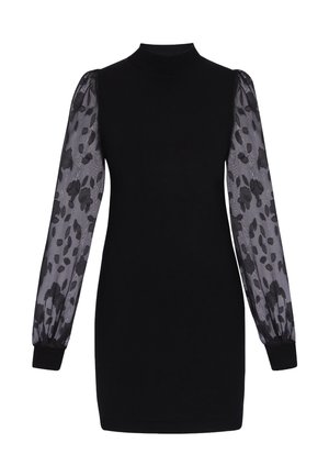 Zwarte sweaterjurk met hoge hals en doorschijnende lange mouwen met zwarte bloemenpatronen en aansluitende manchetten.