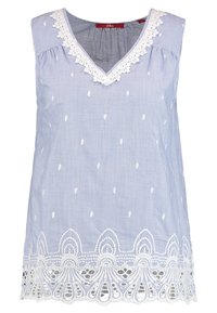 Top sin mangas a cuadros azules y blancos con escote en V, que presenta puntos bordados y un dobladillo con encaje. Tejido ligero.