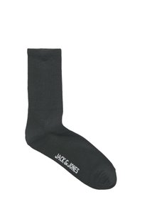 Zwarte katoenen sok met een geribbelde textuur en versterkte teen. Heeft een wit "JACK & JONES" logo aan de zijkant. Enkelhoog model.