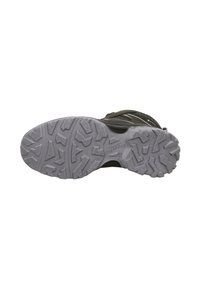 Schwarzer Sportschuh mit einer strukturierten grauen Gummisohle, die ein Zickzack-Profil aufweist und ein robustes Design für besseren Halt bietet.