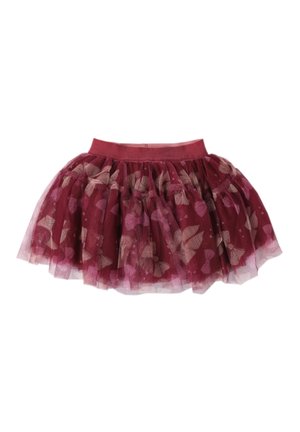 Jupe en tulle bordeaux avec des motifs floraux beiges et roses et une ceinture élastique bordeaux assortie, conçue pour un enfant.
