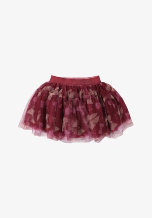 Gonna di tulle bordeaux con motivi floreali beige e rosa e una fascia elastica bordeaux abbinata, progettata per un bambino.