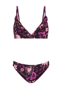 Dvojdielny bikinový set so kvetinovým vzorom v purpurovej, ružovej a oranžovej farbe na tmavom pozadí. Nastaviteľné popruhy a dizajn s v-výstrihom.