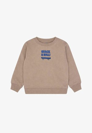 Beige langærmet sweatshirt med ribstrikkede manchetter og kant, med blåt tekst "QUACK & ROLL!" over en blå skateboardgrafik foran.