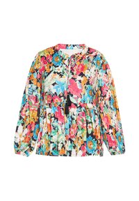 Blumenbluse mit langen Ärmeln, die ein mehrfarbiges Muster auf schwarzem Hintergrund zeigt, mit Kordelzug-Ausschnitt und Quastendetail.