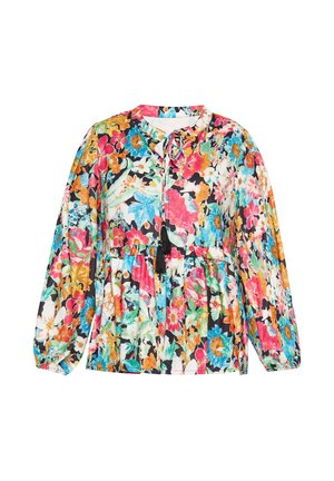 Virágmintás blúz hosszúujjakkal, fekete háttérrel és színes mintázattal, húzózsinóros nyakkivágással és bojt részlettel.