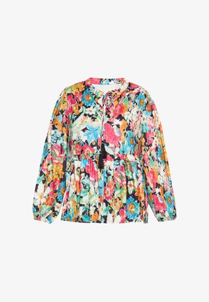 Virágmintás blúz hosszúujjakkal, fekete háttérrel és színes mintázattal, húzózsinóros nyakkivágással és bojt részlettel.