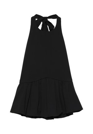 Robe noire sans manches avec lien au col halter et ourlet à volants, longueur genoux, en tissu fluide.