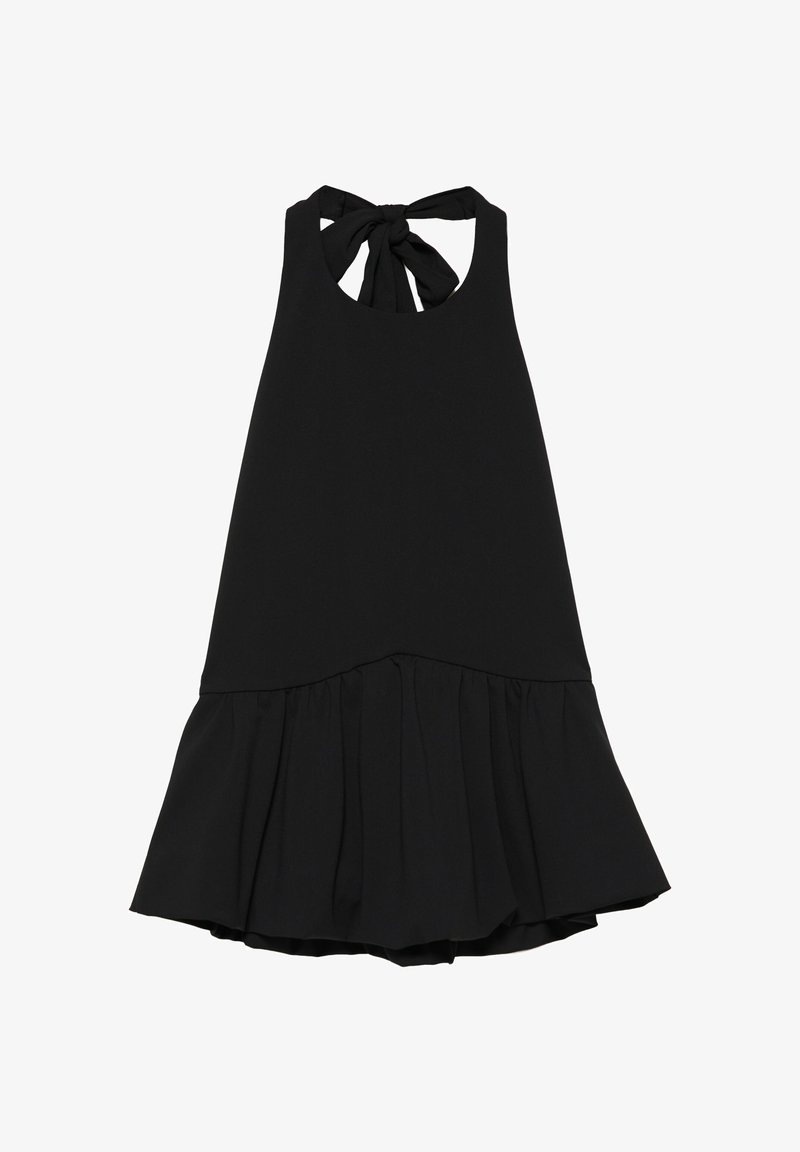 Robe noire sans manches avec lien au col halter et ourlet à volants, longueur genoux, en tissu fluide.