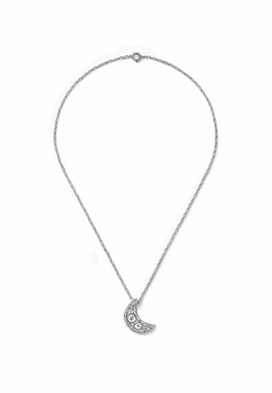 Collana d'argento con ciondolo a forma di luna crescente, decorata con pietre trasparenti, presenta una catena delicata e un sottile design testurizzato.
