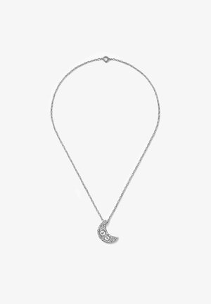 Collana d'argento con ciondolo a forma di luna crescente, decorata con pietre trasparenti, presenta una catena delicata e un sottile design testurizzato.