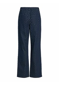 Granatowe, lekkie spodnie w białe kropki, z elastycznym pasem i dwoma tylnymi kieszeniami. Luźny krój.