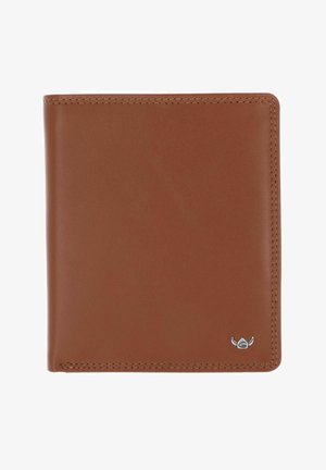 Portefeuille en cuir marron pliant avec bords cousus et petit emblème argenté en bas à droite sur fond blanc.