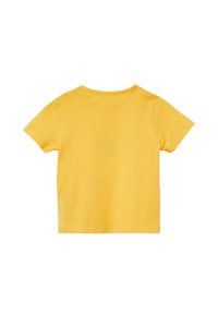 Gelbes Kurzarm-T-Shirt mit Rundhalsausschnitt und glattem Baumwollstoff. Einfaches Design, keine Muster oder Akzente. Rückansicht dargestellt.