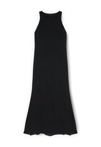 Vestito nero senza maniche con corpetto aderente e orlo svasato. Realizzato in tessuto liscio, caratterizzato da una scollatura rotonda e senza chiusure visibili.