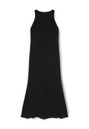 Vestito nero senza maniche con corpetto aderente e orlo svasato. Realizzato in tessuto liscio, caratterizzato da una scollatura rotonda e senza chiusure visibili.