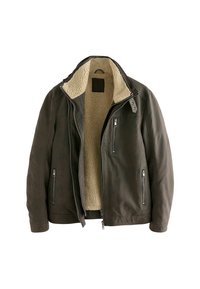Braune Lederjacke mit einem mit Schaffell gefütterten Kragen, Reißverschluss und mehreren Reißverschlusstaschen auf der Vorderseite. Glatte äußere Textur.