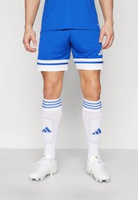 Blå idrottsshorts med vita ränder, vita knästrumpor med blå detaljer, och vita fotbollsskor. Enkel, sportig design för aktiv användning.