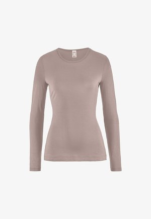 Gestructureerd shirt met lange mouwen en ronde hals in taupekleur, met een eenvoudig ontwerp en zichtbare naden langs de zoom en manchetten.