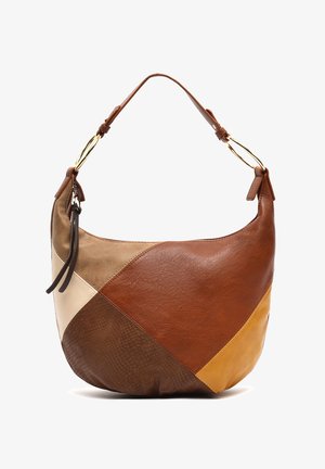 Hobo bag made of patched leather in shades of brown, tan, and mustard. Features a smooth texture, gold-tone hardware, and a shoulder strap.