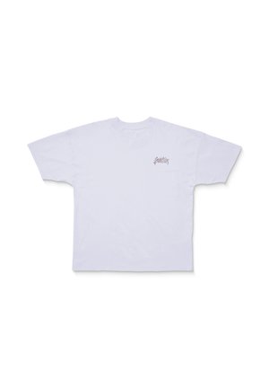 T-shirt bianco in cotone con maniche corte e larghe, collo rotondo, caratterizzato da un piccolo design grafico nella zona sinistra del petto. Texture liscia.
