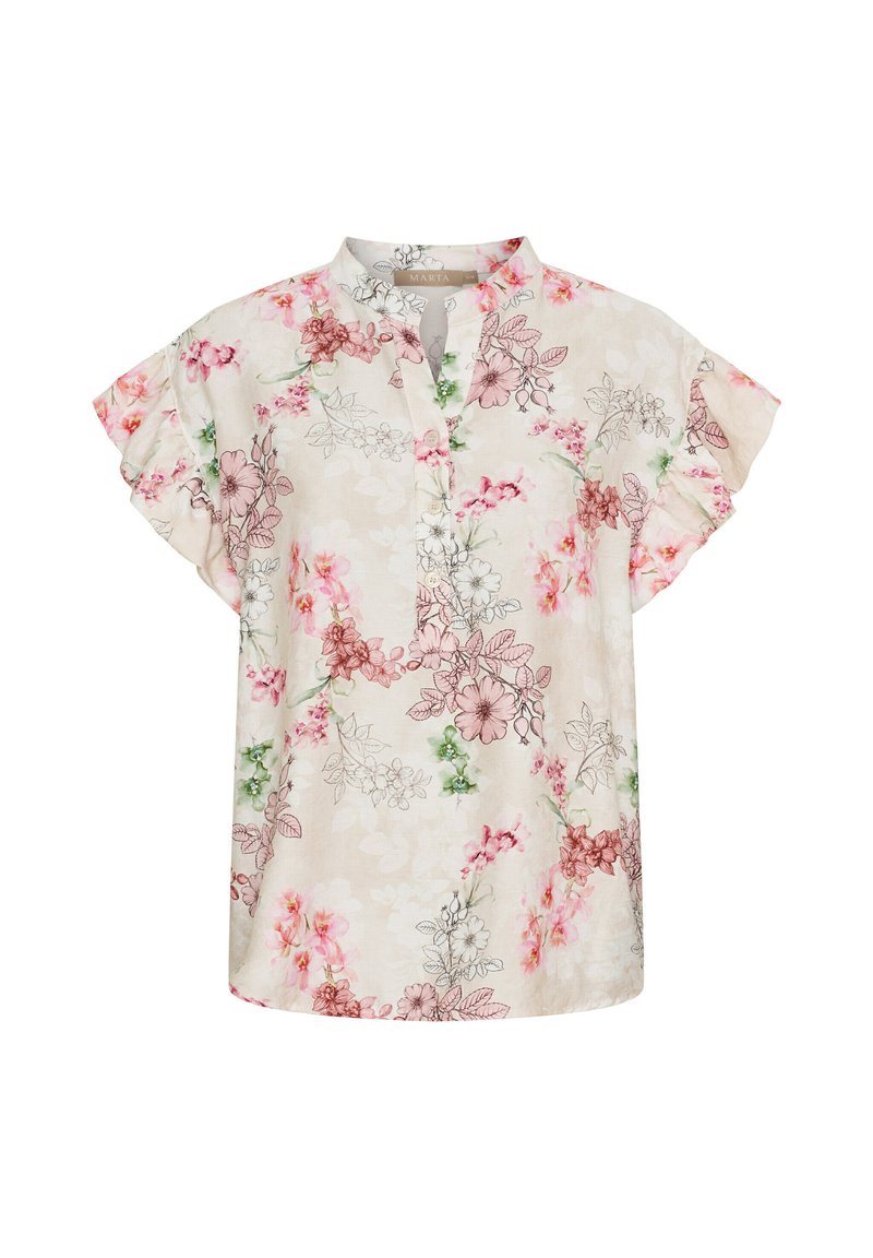 Blomstret bluse i blødt, letvægtsstof med en cremefarvet baggrund. Design i pink, grøn og brun med en mandarinkrave og korte, flæseærmer.