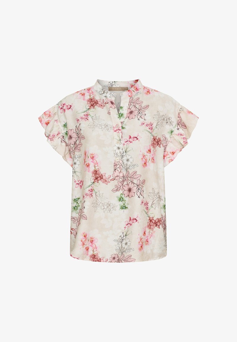 Blomstret bluse i blødt, letvægtsstof med en cremefarvet baggrund. Design i pink, grøn og brun med en mandarinkrave og korte, flæseærmer.