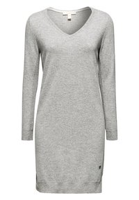 Vestito grigio a maniche lunghe con scollo a V, realizzato in tessuto morbido e strutturato. Presenta spacchi laterali e un piccolo logo decorativo sull'orlo.