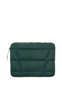  Gepolsterte Laptoptasche in tiefgrün, rechteckige Form mit diagonaler Steppung, gesichert mit einem Reißverschluss und seitlichem Zug für einfachen Zugang.