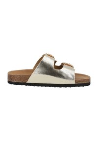 Metallisch zilveren slidesandalen met twee versierde banden met ronde accenten, een gevoerd voetbed en een geharde bruine loopzool.