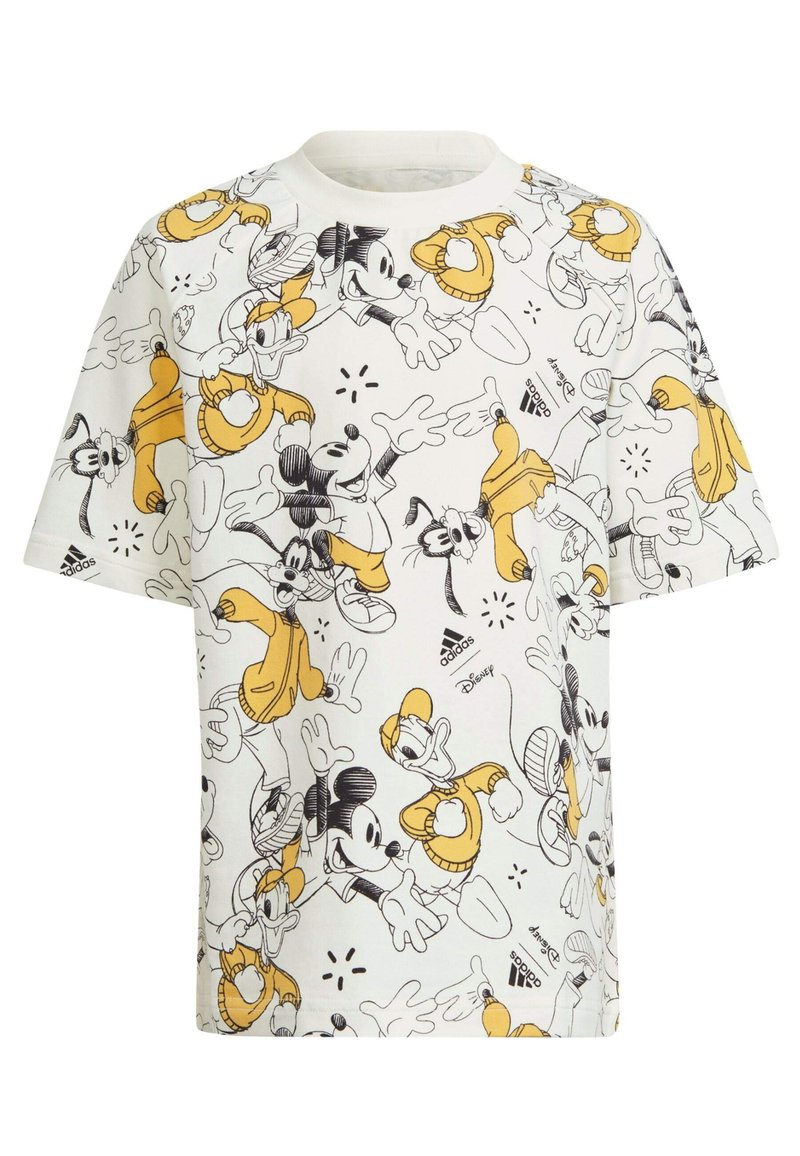 T-shirt bianca in cotone con un motivo ripetitivo di personaggi Disney in nero e giallo, maniche corte e colletto girocollo.