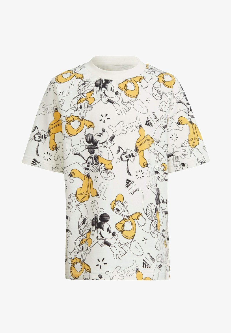 T-shirt bianca in cotone con un motivo ripetitivo di personaggi Disney in nero e giallo, maniche corte e colletto girocollo.