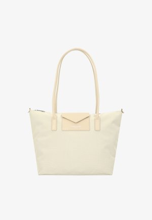 Sac en toile beige avec des accents en cuir lisse, une forme structurée, deux poignées et une petite poche à rabat à l'avant. Fermeture supérieure zippée.