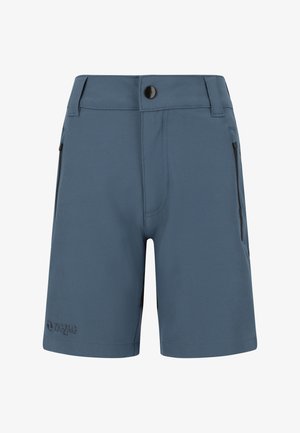 Blaue Shorts aus leichtem Stoff mit einem Knopfverschluss, zwei seitlichen Reißverschlusstaschen und einem schwarzen Logoakzent am linken Saum.