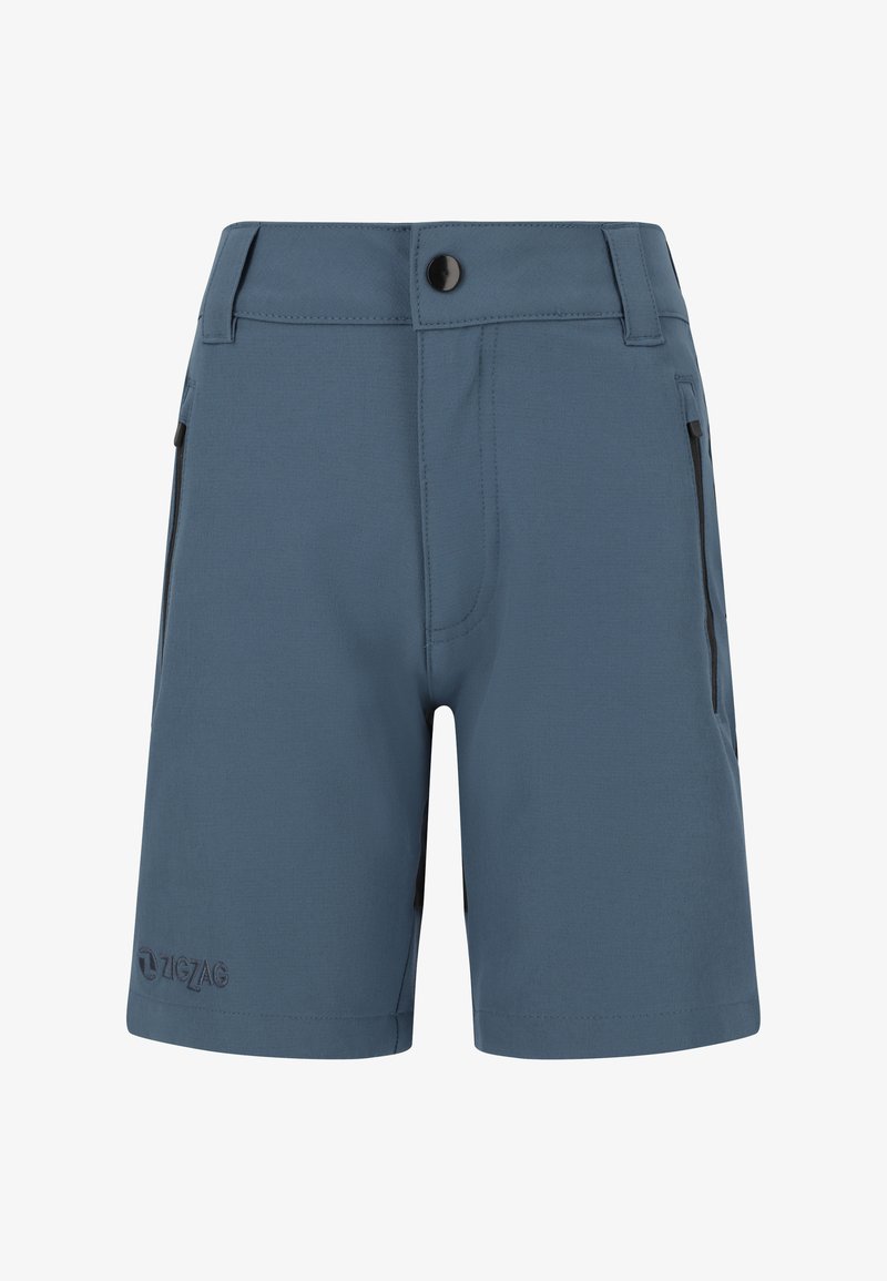 Blauwe shorts van lichtgewicht stof met een knoopsluiting, twee zijzakken met rits en een zwart logo-accent op de linkerzoom.