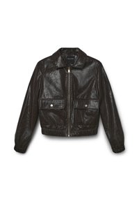 Giacca cropped in ecopelle nera con chiusura a zip, collo a punta, due tasche frontali, polsini elasticizzati e fascia in vita con finitura testurizzata.