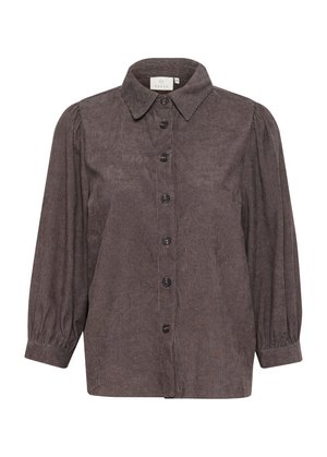 Bruine button-up shirt met een kraag, lange pofmouwen en subtiele structuur. Heeft zwarte knopen en een iets ontspannen pasvorm.