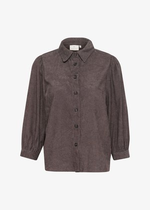 Brown button-up shirt with a collar, long puff sleeves, and subtle texture. Features black buttons and a slightly relaxed fit.