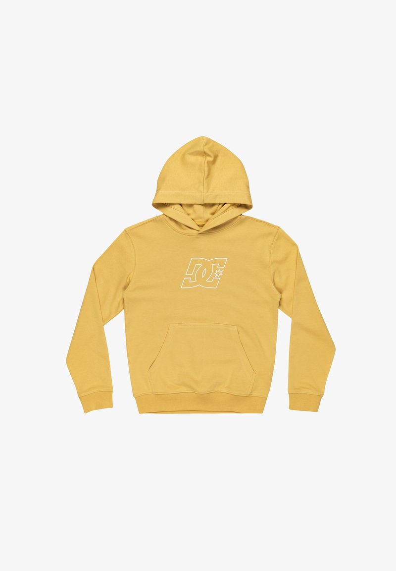 Gul hooded sweatshirt i mjukt material, med en framficka och vitt logotyp på bröstet. Bekväm passform, långa ärmar och en huva.