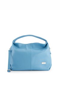 Blauwe leren handtas met een zachte textuur, ruim ontwerp, een enkel handvat en een verstelbare riem. Voorzien van een zilveren metalen merklabel.