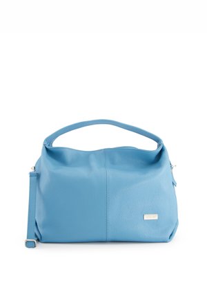 Blauwe leren handtas met een zachte textuur, ruim ontwerp, een enkel handvat en een verstelbare riem. Voorzien van een zilveren metalen merklabel.