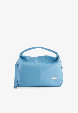 Sac à main en cuir bleu avec une texture douce, un design spacieux, une seule poignée et une sangle réglable. Présente une étiquette de marque en métal argenté.